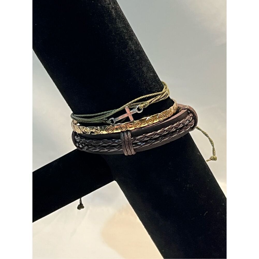 Three Stackable Bracelets One Brown Leather Adjustable, One Sage Green String Ad